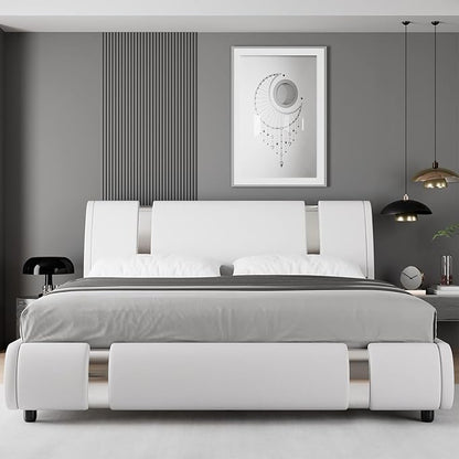 TTVIEW Modern Faux Leather Upholstered Platform Bed Frame with Iron Metal Decor, Adjustable Curved Headboard, Wooden Slats Support, No Box Spring Needed, Queen Size, White