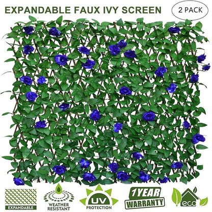 Sumery Expandable Fence Privacy Screen for Balcony Patio Outdoor,Decorative Faux Ivy Fencing Panel,Artificial Hedges (Single Sided Leaves) (2, Blue Flowers)