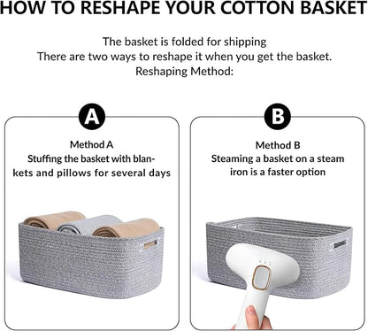 Large Storage Baskets for Shelves, Closet Organizers Bins for Clothes Blanket Towels, Baby Nursery, Toy Baskets Box, Woven Rope Baskets, 17 x 13 x 7.5”, 2 Packs Mixed Grey