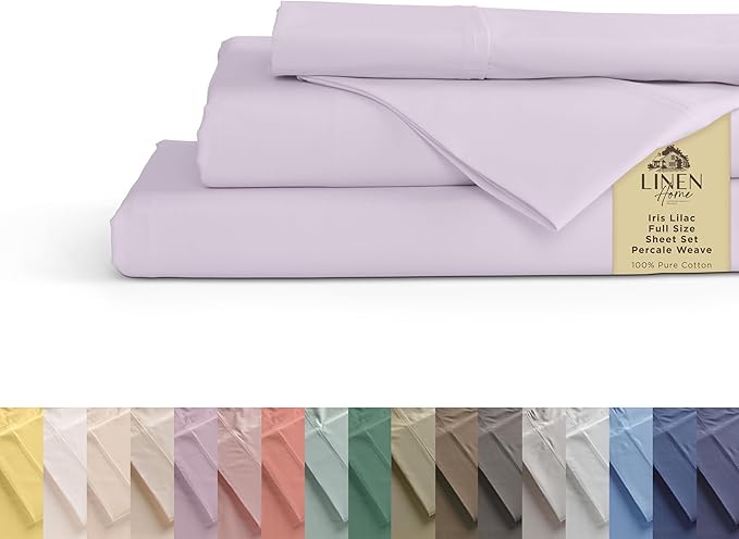 Linen Home 100% Cotton Percale Sheets Queen Size, Iris Lilac, Deep Pocket, 4 Pieces Set - 1 Flat, 1 Deep Pocket Fitted Sheet and 2 Pillowcases, Crisp Cool and Strong Bed Linen
