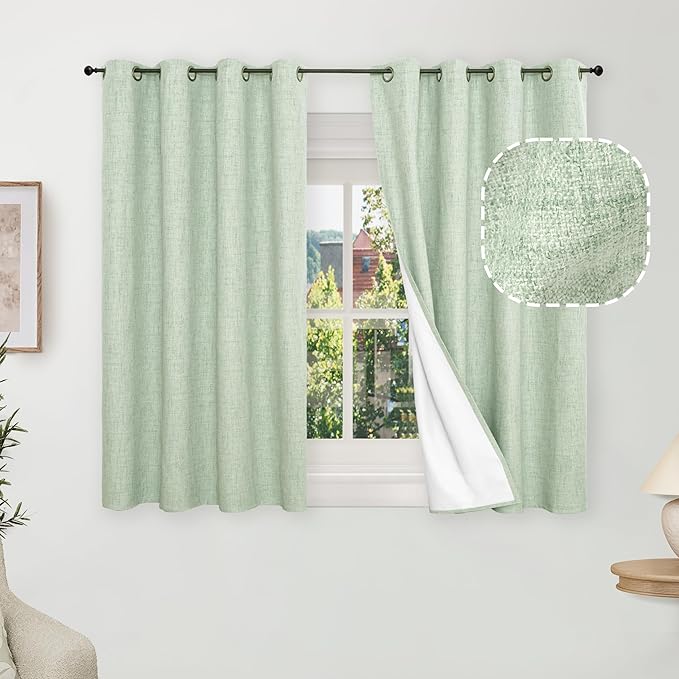 Sage Green Blackout Curtains for Bedroom - Linen Curtains 54 Inch Length Thermal Insulated Privacy Burlap Boho Window Drapes for Basement Scandi Farmhouse Nursery, 2 Panels, Each 52" Wide