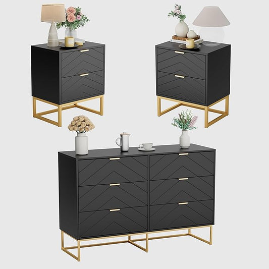 Anbuy Morden 3 Pieces Bedroom Sets, 6 Drawer Dresser and Nightstand Sets for Bedroom, Night Stand Set of 2 & 6 Drawer Dresser with Gold Handles, Morden Wood Chest of Drawers Storage Cabinet Set, Black