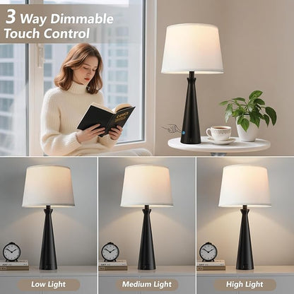Seealle Modern Table Lamps Set of 2 - Touch Bedside Lamp for Nightstand with Dual USB C+A,3-Way Dimmable Black Nightstand Lamps for Living Room Bedroom End Table(Bulb Included)