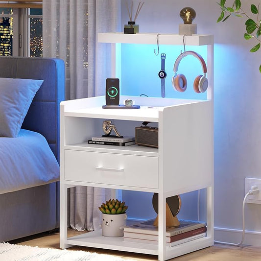 VIAGDO Nightstand with Charging Station and LED Lights, White Night Stand with Drawer, Modern End Side Table with Open Storage Shelves, Bedside Tables for Bedroom, Office