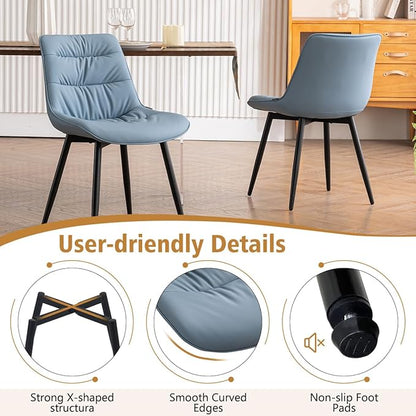 Kidol & Shellder Dining Chairs Set of 2, Modern Upholstered Faux Leather Kitchen Side Chairs with Comfortable Back - Mid-Century Armless Chair for Dining Living Room Bedrooms, with Metal Legs (Blue)