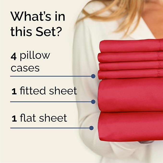 Cal King 6 Piece Sheet Set - Cooling, Comfy & Breathable - Hotel Luxury Bedding, Includes Fitted Sheet for Women, Men, Kids and Teens - 1 Flat, 1 Fitted Sheet, 4 Pillowcases with Deep Pockets - Red
