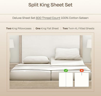California Design Den Luxury Split King Sheets Sets for Adjustable Bed, Soft 800 Thread Count Sateen, 100% Cotton Set, Includes Twin XL Fitted Sheets - Ivory (Cream Tone)