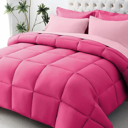 JOLLYVOGUE Full Comforter Set, Ultra-Soft Bed in a Bag Full Size 7 Pieces, Oeko-TEX Certified Bedding Set with Down Alternative Comforter, Sheets, Pillowcases & Shams, Hot Pink & Baby Pink