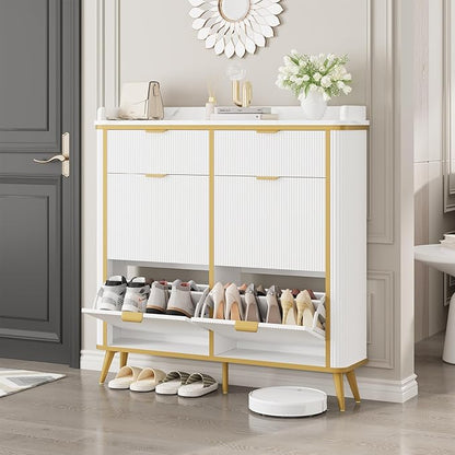 Fluted Shoe Cabinet Storage, Modern Slim Shoe Organizer Cabinet with 4 Flip Drawers & 2 Drawers, Wooden Freestanding Shoe Rack Cabinets for Entryway, Foyer, Hallway, White