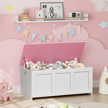 HOOBRO Storage Bench, 39.3" Retro Wooden Storage Chest, Wooden Storage Trunk, Toy Chest with Lift Top, Multifunctional Entryway Organizer, for Entryway, Living Room, White and Pink WK141CW01
