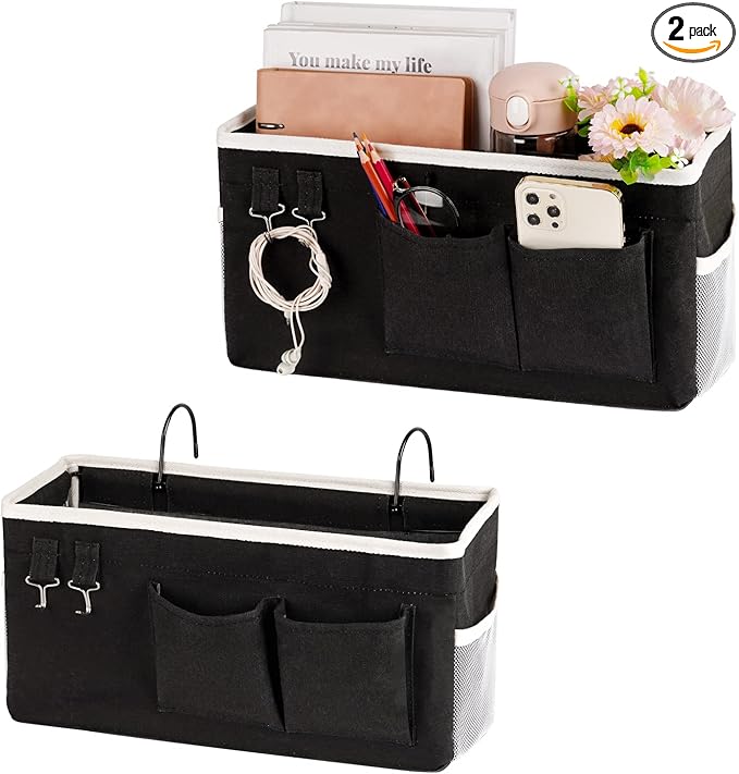 Ozzptuu Bedside Storage Caddy/Bedside Hanging Storage Bag for Headboards Bunk Beds Dorm Rooms Book Phone Magazine Holder (2PC Black)