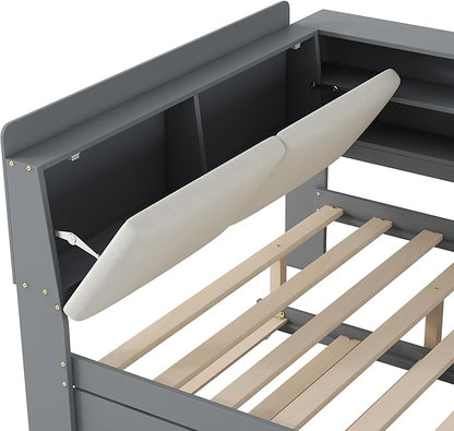 Ball & Cast Full Size Wooden Storage Daybed Frame, Modern Platform Bed with Trundle & Flip Headboard & Shelves, L Shaped Full Floor-Bed w/Upholstered Headboard&Storage, No Box Spring Needed, Gray