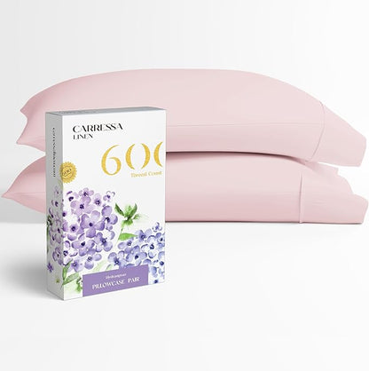 Carressa Linen 100% Egyptian Cotton Pillow Cases Queen Size Set of 2 - Luxury 600 Thread Count Blush Standard/Queen Size Pillowcases, Silky Soft, Cooling Sateen Weave Hotel Quality Bed Pillow Cover