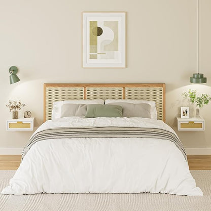 Floating Nightstand, Floating Shelf with Drawer, Wall Mounted Nightstand, Floating Bedside Table (White Rattan)