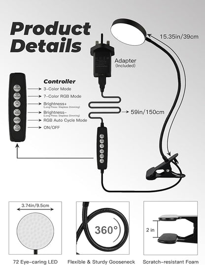 Desk Lamp,10 Colors RGB&Warm White Desk Light,10 Brightness Dimmable Clip On Lamp,500LM Bright Reading Light,USB Adapter Table Lamp for Office,Computer,Work,Study,Craft,Bedside Table,Bedroom