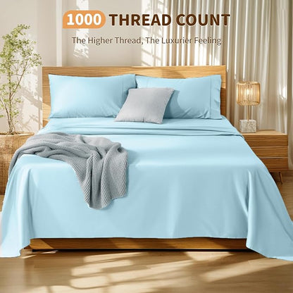LBRO2M 100% Cotton Sheets Set Deep Pocket 19", 1000 Thread Count King Size 4 Piece Bed Sheet Sets Soft Comfortable Bedding All Season (King, Light Blue)