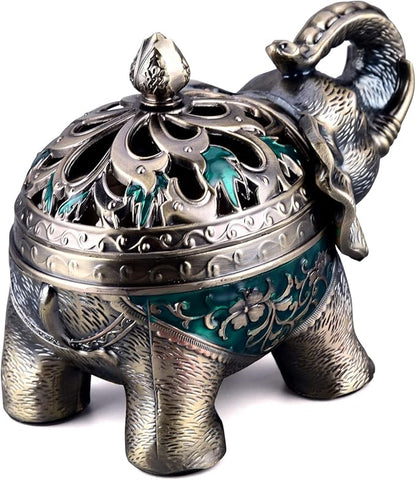K COOL Metal Backflow Incense Holder Elephant Cone Incense Burner Candle Holder with Lid, Aromatherapy Ornament Home Office Decoration for Indoor Outdoor (Green)