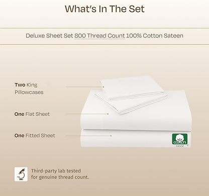 California Design Den King Bed Sheets - Soft 800 Thread Count Sateen, 100% Cotton Bed Sheets Set - Deep Pockets, Durable Bedding Set - True Ivory