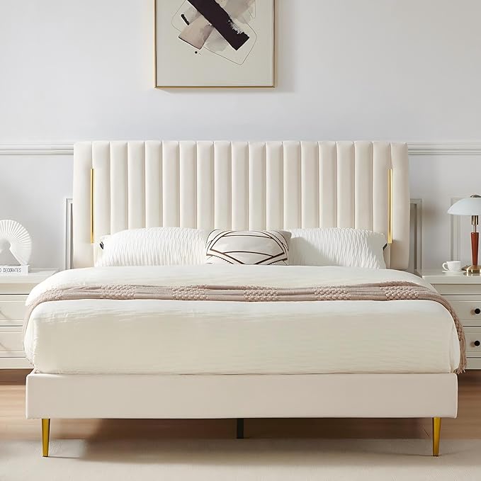 Full Platform Bed Frame, Velvet Upholstered Bedframe with Vertical Channel Adjustable Headboard, Golden Plating Trim, Mattress Foundation with Wooden Slats, No Box Spring Needed, Beige