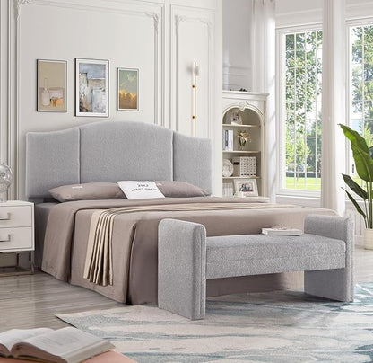 24KF Modern Upholstered Bed Bench Covered with Soft Boucle Teddy Fabric, Lovely Entryway Bench Ottoman with Armrest,5062-Gray