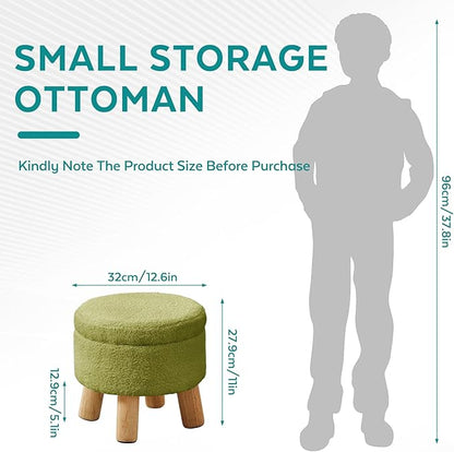 FIMIVIBI Small Foot Stool Ottoman with Storage, Sherpa Ottoman Foot Rest for Couch, Round Footstool with Storage, Small Ottomans and Footstools for Living Room and Entryway (Bright Green)