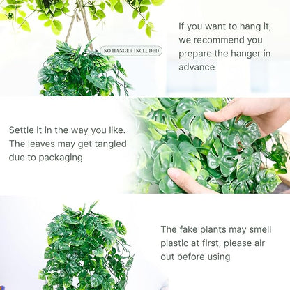 Artificial Hanging Plants for Shelf, 2-Pack Fake Potted Greenery Faux Monstera Leaves Vines in Black Pot, Décor for Office Living Room Bathroom Indoor Outdoor