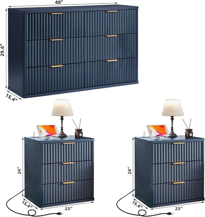 LEYAOYAO 48" Wide Fluted Dresser and 3 Drawers 23" Nightstand Set of 2, Wooden Dresser & Night Stand with Charging Station, 3 Piece Bedroom Furniture Set, Chest of Drawer for Living Room,Navy Blue