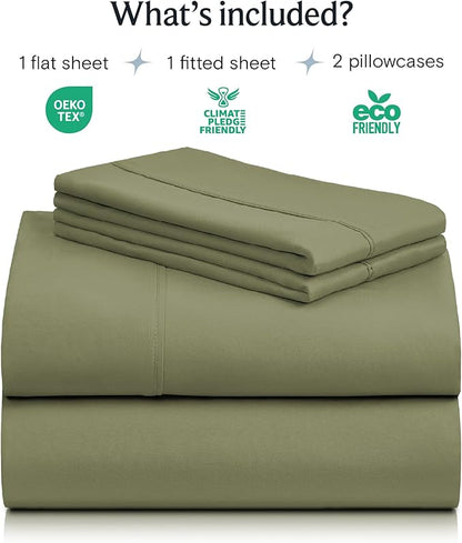 LuxClub 4 PC Full Sheet Set, Deep Pockets Wrinkle Free Cooling Bed Sheets Hotel Bedding for Women, Men, Kids & Teens, Includes 1 Fitted Sheet, 1 Flat Sheet and 2 Pillowcases-Soft Olive