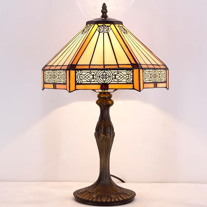 WERFACTORY Tiffany Lamp Yellow Hexagon Stained Glass Mission Style Table Lamp Desk Bedside Reading Light 12X10X18 Inches Decor Bedroom Living Room Home Office S011 Series