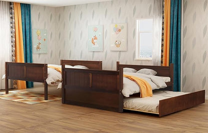 Upgraded Version Best Full Over Full Bunk Bed with Trundle, Thicken Solid Wood Full Size Bunk Bed, Bunkbed Frame Full Over Full, Convertible to 2 Beds, Easy Assembly for Adults (Walnut)