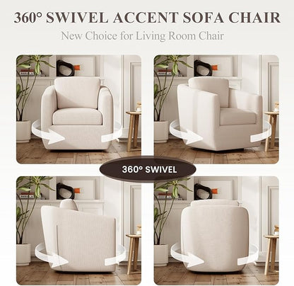 360° Comfy Swivel Accent Armchair with Pillow - Fully Assembled Living Room Single Sofa No-Sag Foam & Sturdy Metal Base, Swivel Accent Chair for Bedroom Living Room, Office, Beige