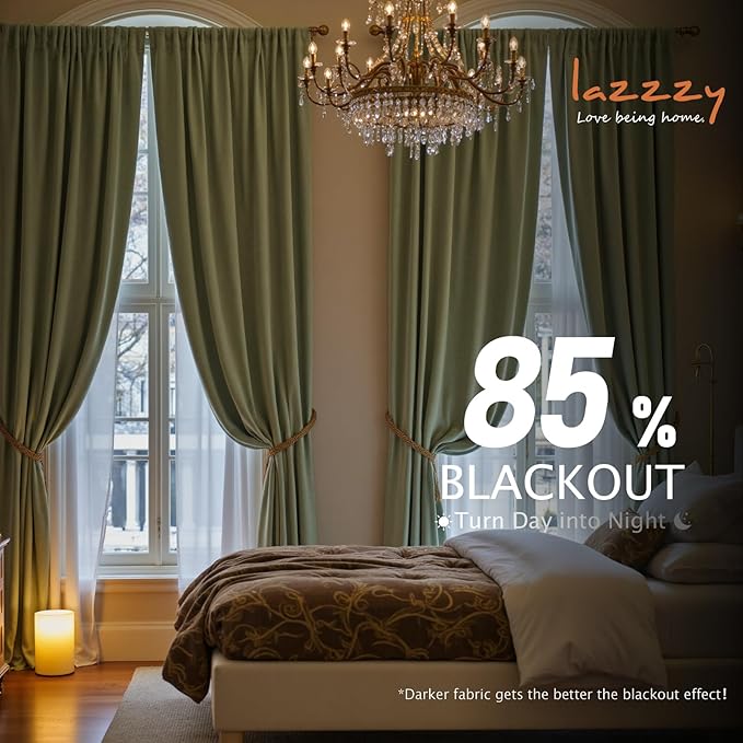 Lazzzy Velvet Blackout Curtains Thermal Insulated Room Window Drapes Super Soft Luxury Curtains for Living Room Bedroom Rod Pocket 2 Panels, Olive Sage, 52" W x 108" L