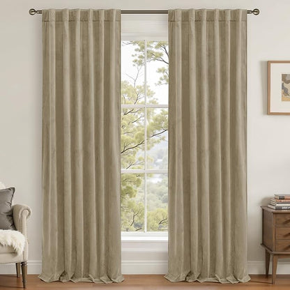 LAMIT Velvet Curtains 90 Inch for Living Room, Dark Taupe Thick Thermal Insulated Drapes Vintage Room Darkening Farmhouse Back Tab and Rod Pocket Panels for Bedroom, 2 Panels, 52 x 90 Inch
