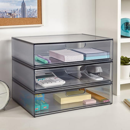 STORi STAX Plastic Stackable Organizer Drawer in Grey | 12.5-inches Wide | Organize Office Desk Accessories and Sort Letter-Size Paper | Made in USA