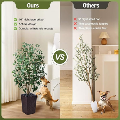 5ft Artificial Ficus Tree,Tall Faux Tree with Silk Leaves & Real Wood Trunk,UV Resistant Potted Fake Plant with Pebbles & Planter,Indoor Outdoor Floor Plant for Home,Living Room,VN129