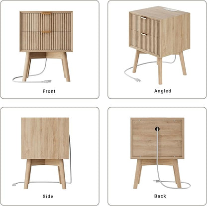 Fluted Nightstand, Night Stand Set 2, Modern Nightstands Set of 2 with Beveled Edge & Solid Wood Legs, 2 Drawer End Table with Charging Station, Wooden Bedside Table for Bedroom,Natural Oak