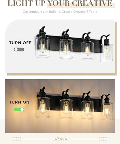 4-Light Black Bathroom Light Fixture Over Mirror, Modern Vanity Light, Clear Glass Wall Sconce, VL01BK-4