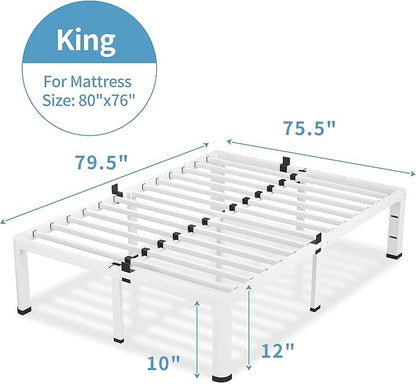 12 Inch White King Size Bed Frame, 3500Lbs Heavy Duty Metal Platform with Round Corner Legs Mattress Slide Stopper, Steel Slat Support No Box Spring Needed, Noise Free, Non-Slip, Easy Assembly