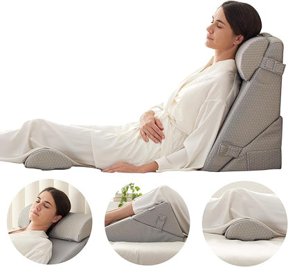 Bedluxe Adjustable 4pcs Bed Wedge Pillow Set, Memory Foam Wedge Pillows Post Surgery for Back, Neck, Leg Pain Relief, Pillow Wedge for Sleeping, Sitting up in Bed, Acid Reflux and GERD, Grey