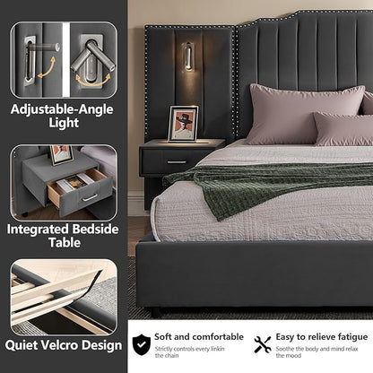 Luxury Queen Bed Frame with Headboard and Storage, Velvet Fabric Upholstered Platform Bed Frame Queen Size with LED Lights, Solid Frame & Bedside Table, No Box Spring Needed, Gray