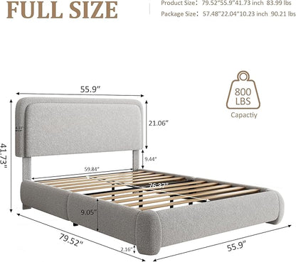 Full Size Platform Bed Frame with Headboard, Boucle Upholstered Desige, Anti-Collision Corners, Soft Rounded Corners, No Box Spring Required, Easy Assembly, Noise Free