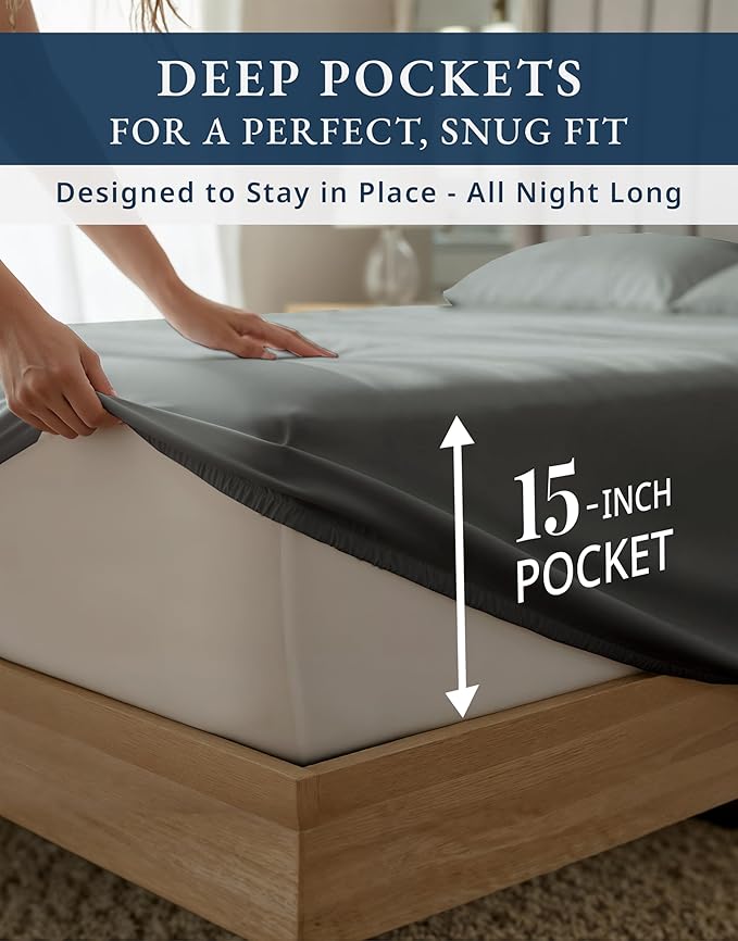 100% Egyptian Cotton King Sheet Set – Premium 1000 Thread Count Naturally Cooling & Breathable King Sheets, Authentic Long-Staple Cotton for Lasting Softness, Snug Fit 15" Deep Pocket Fitted -Charcoal