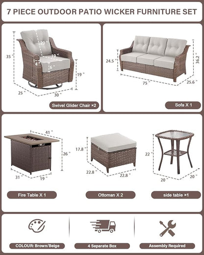 Belord Luxurious 7 Piece Patio Furniture Set with Fire Pit Table, High Back Wicker Swivel Rocker Glider Outdoor Chairs with 6" Cushion, All-Weather Patio Conversation Set for Yard Garden - Brown/Beige