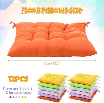 Geetery 12 Pcs Floor Pillows for Classroom Bulk Square Seating Cushions for Floor Chair School Kindergarten Reading Corner, 15.7'' Large Thick Meditation Cushions Yoga Nursery Daycare (Candy Color)