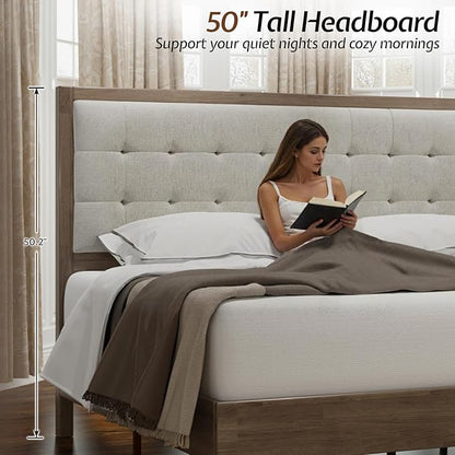 Jocisland Wood King Size Bed Frame,Tall Upholstered Tufted Headboard, Solid Wood Platform, No Box Spring Needed, Ash Gray