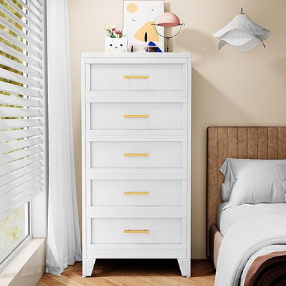 Metal Narrow Dressers & Chest of Drawers, White Tall Dresser for Bedroom, 5 Drawer Dresser with Curved Corner, Bedroom Dressers with Drawers, Storage Cabinet (White, 24" W)