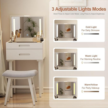 Solid Wood Small Vanity Desk with Mirror and Lights, Narrow Makeup Vanity for Small Space, Flip Top Vanity Side Table, 3 Color Modes & Adjustable Brightness, 19.6" Slim Dressing Table, White