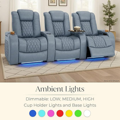 Seatcraft Diamante Zero-Gravity CoolZero Italian Leather Home Theater Seating, Power Headrest, Power Recline, Row of 3 Left Loveseat, Smokey Blue