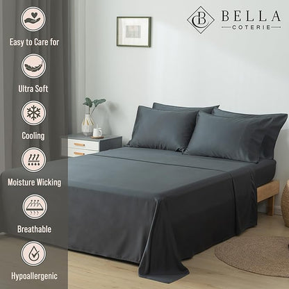 Bella Coterie 6 Piece Luxury Bamboo Viscose King Size Sheet Set | 100% Organically Grown | Cooling for Hot Sleepers | 18" Deep Pocket | Soft & Hypoallergenic | 4 Pillowcases [Charcoal Grey]