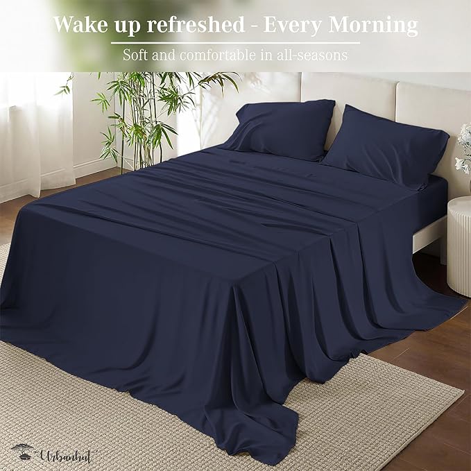 URBANHUT 800 Thread Count 100% Cotton Queen Size Sheets, Luxury 4 Piece Queen Bedsheets, Hotel Sheets Sateen Finish - Better Than Egyptian, 16" Elasticized Deep Pocket - Navy Blue